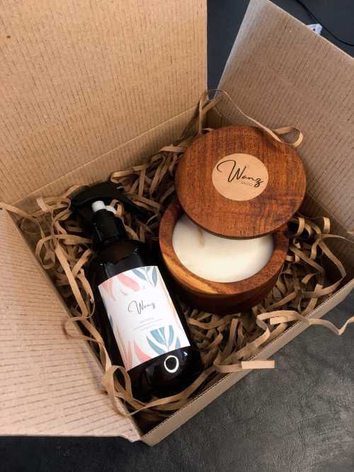 Kit para regalo box vela en cuenco de madera con tapa + home spray